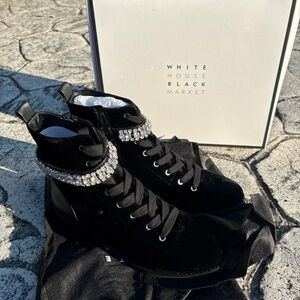 White House Black Market Halsey Crystal Embellished Black Velvet Flat Boots 6.5